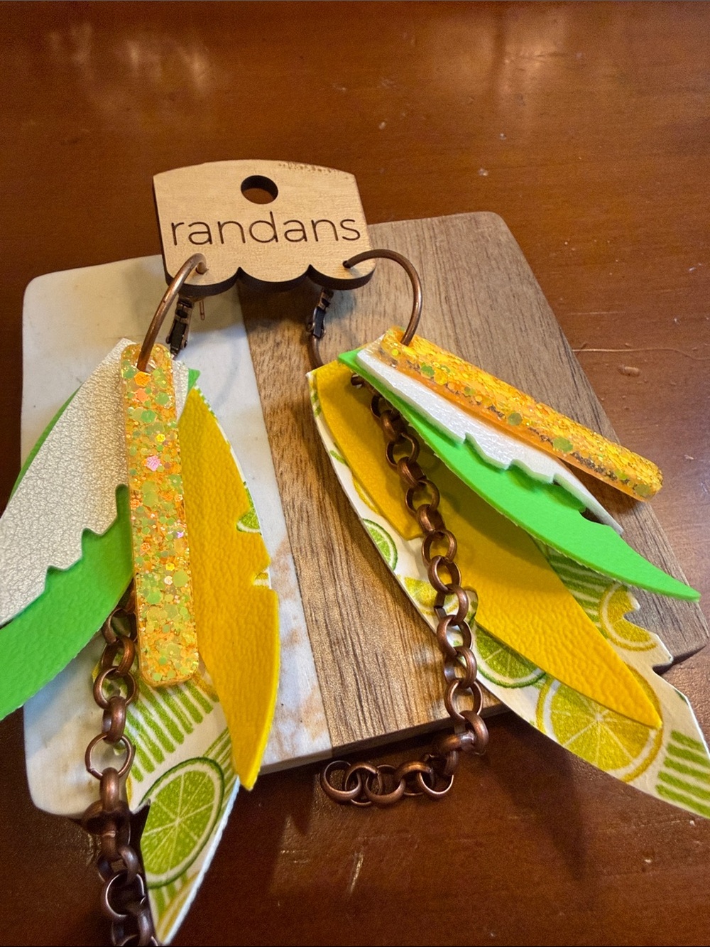 Randans Yellow & Green Layered Feather Drop Earrings